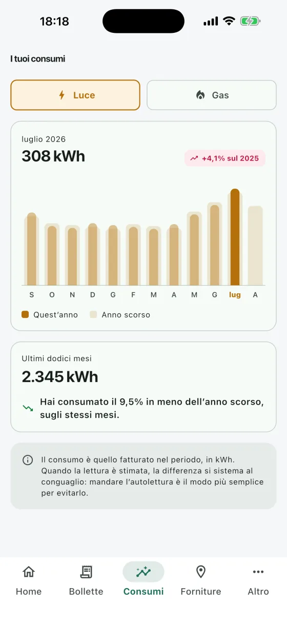 Consumi di luce e gas mese per mese nell’app del cliente, confrontati con lo stesso mese dell’anno prima