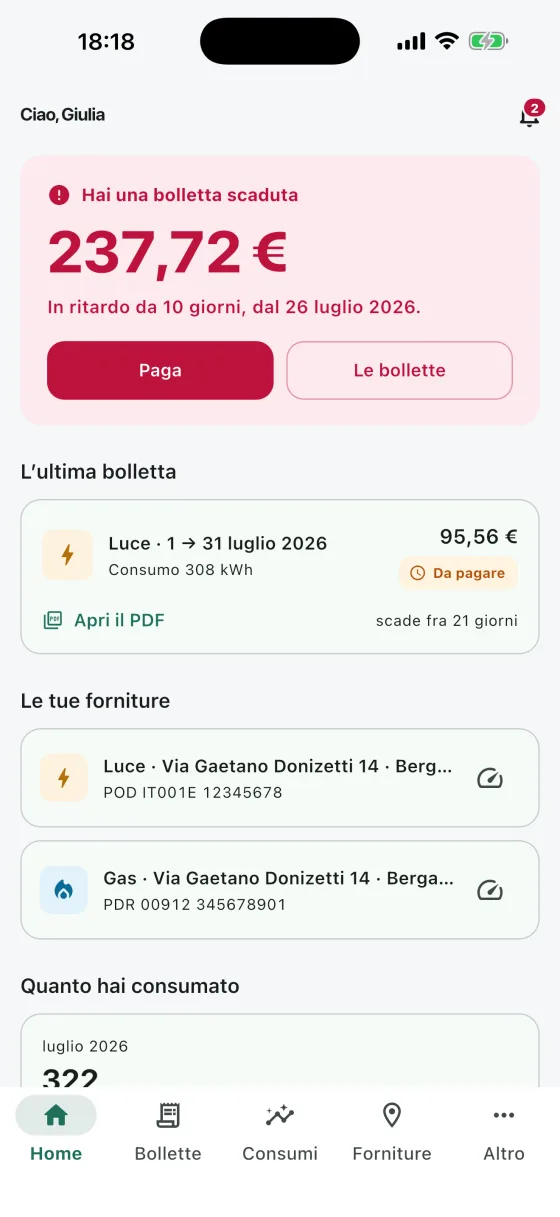 App per i clienti di luce e gas: la schermata con quanto c’è da pagare, l’ultima bolletta con il PDF e le forniture attive